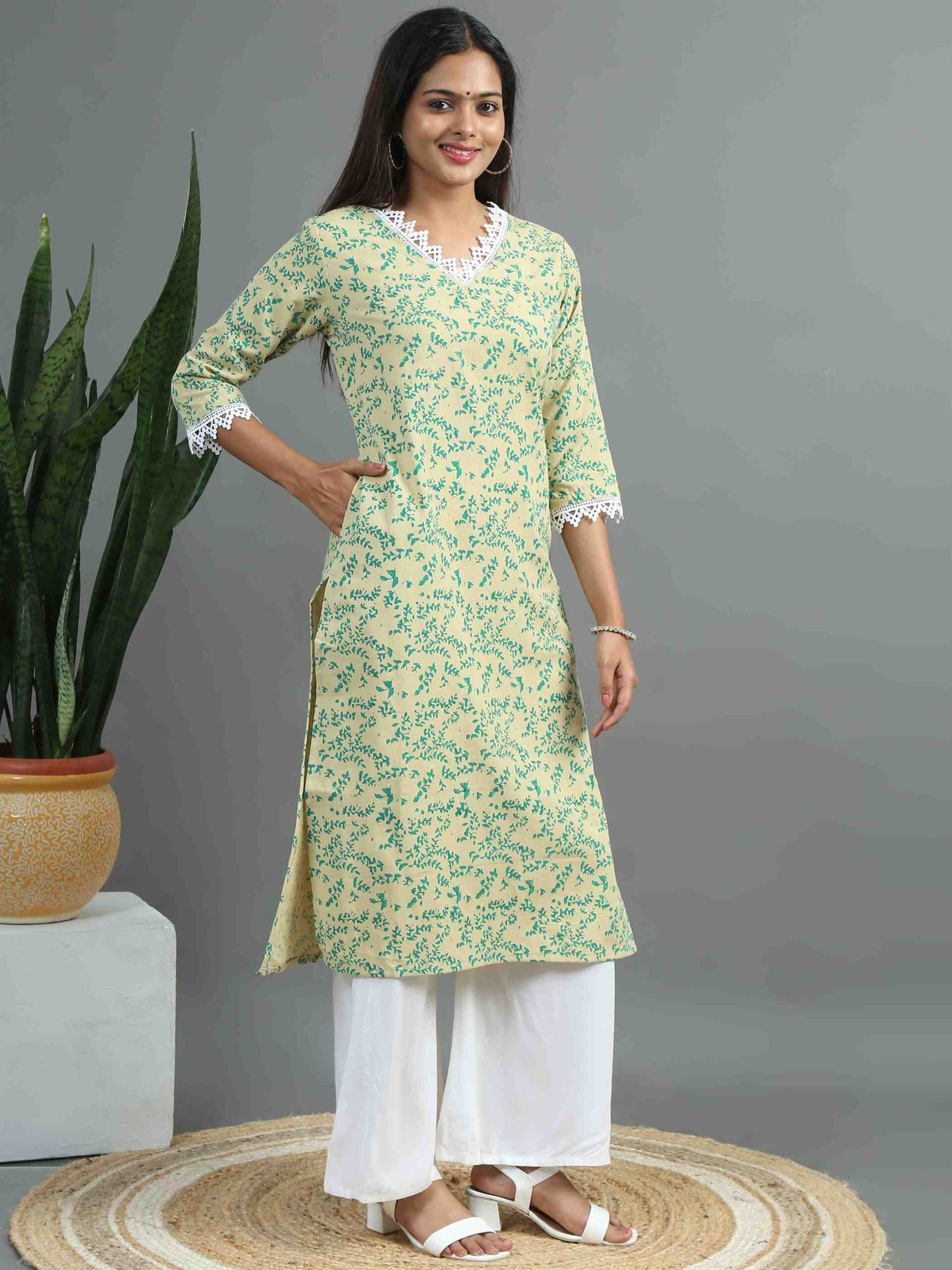 Green Leafy Printed Kurta (Beige printed floral kurta)