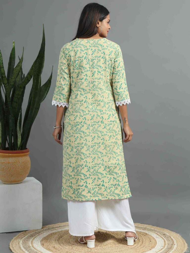 Green Leafy Printed Kurta (Beige printed floral kurta)