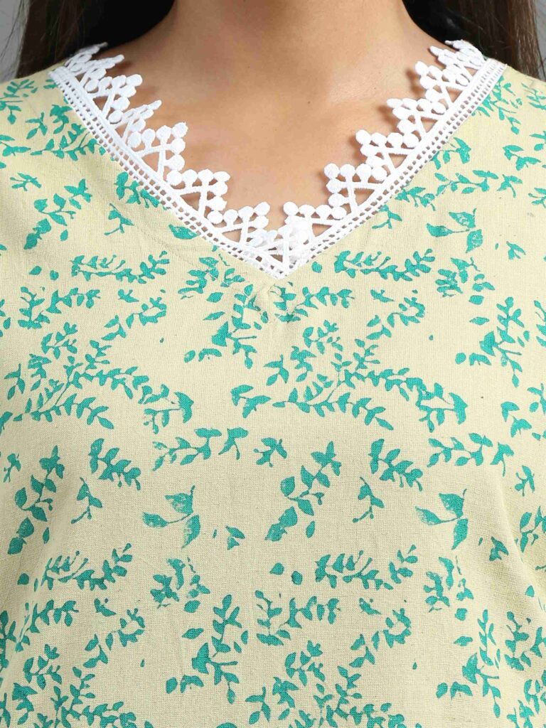 Green Leafy Printed Kurta (Beige printed floral kurta)