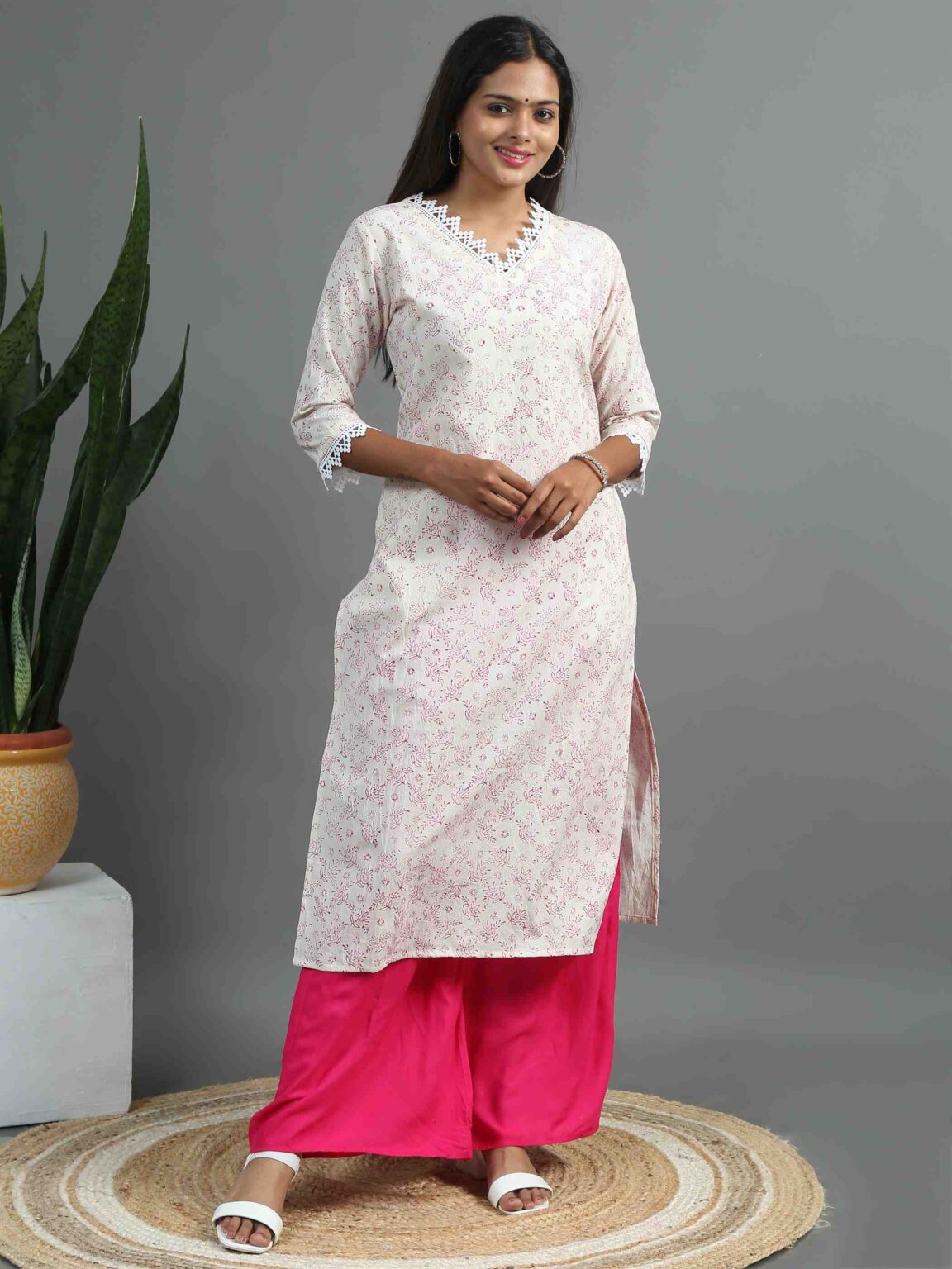 White and Magenta Printed Kurta