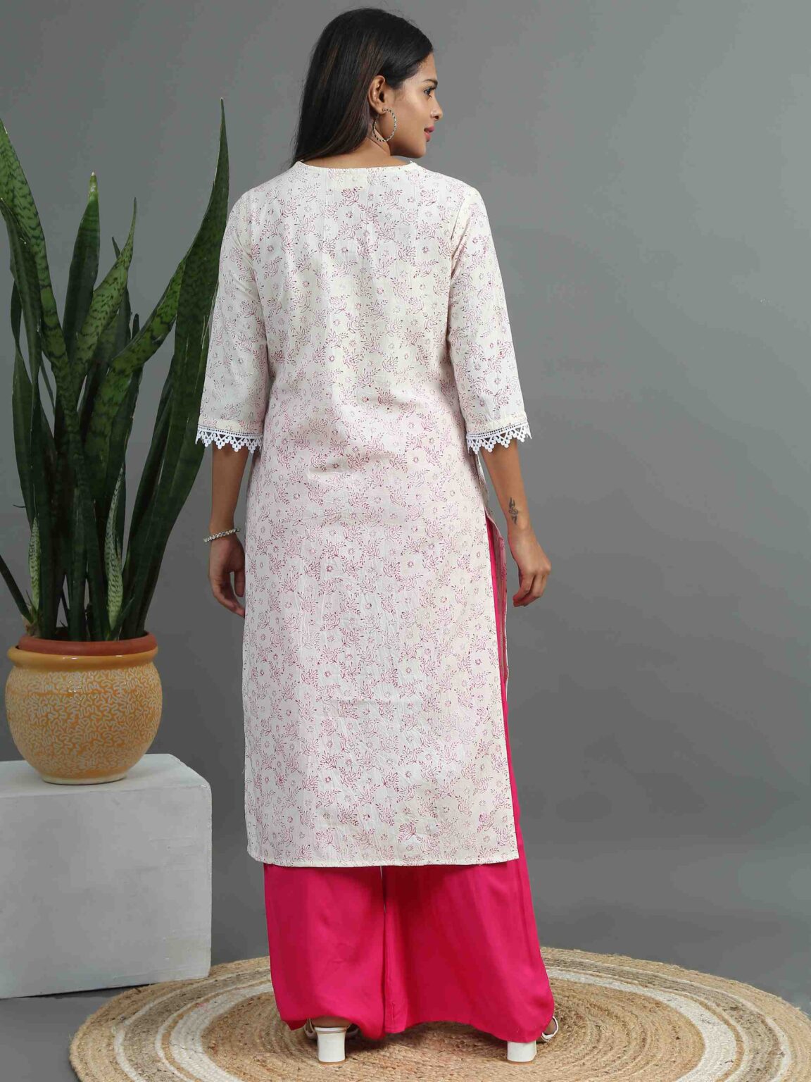 White and Magenta Printed Kurta