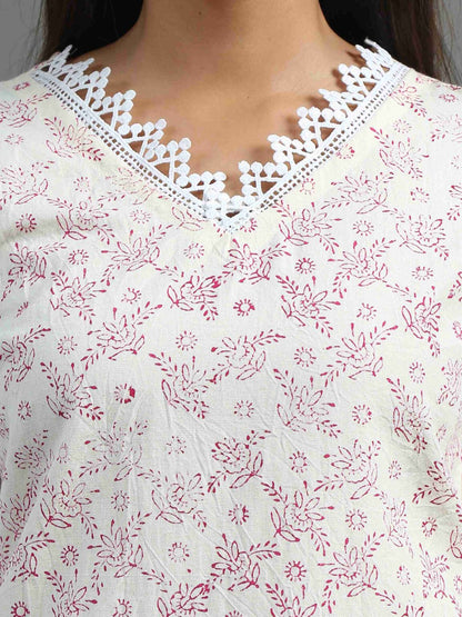 White and Magenta Printed Kurta