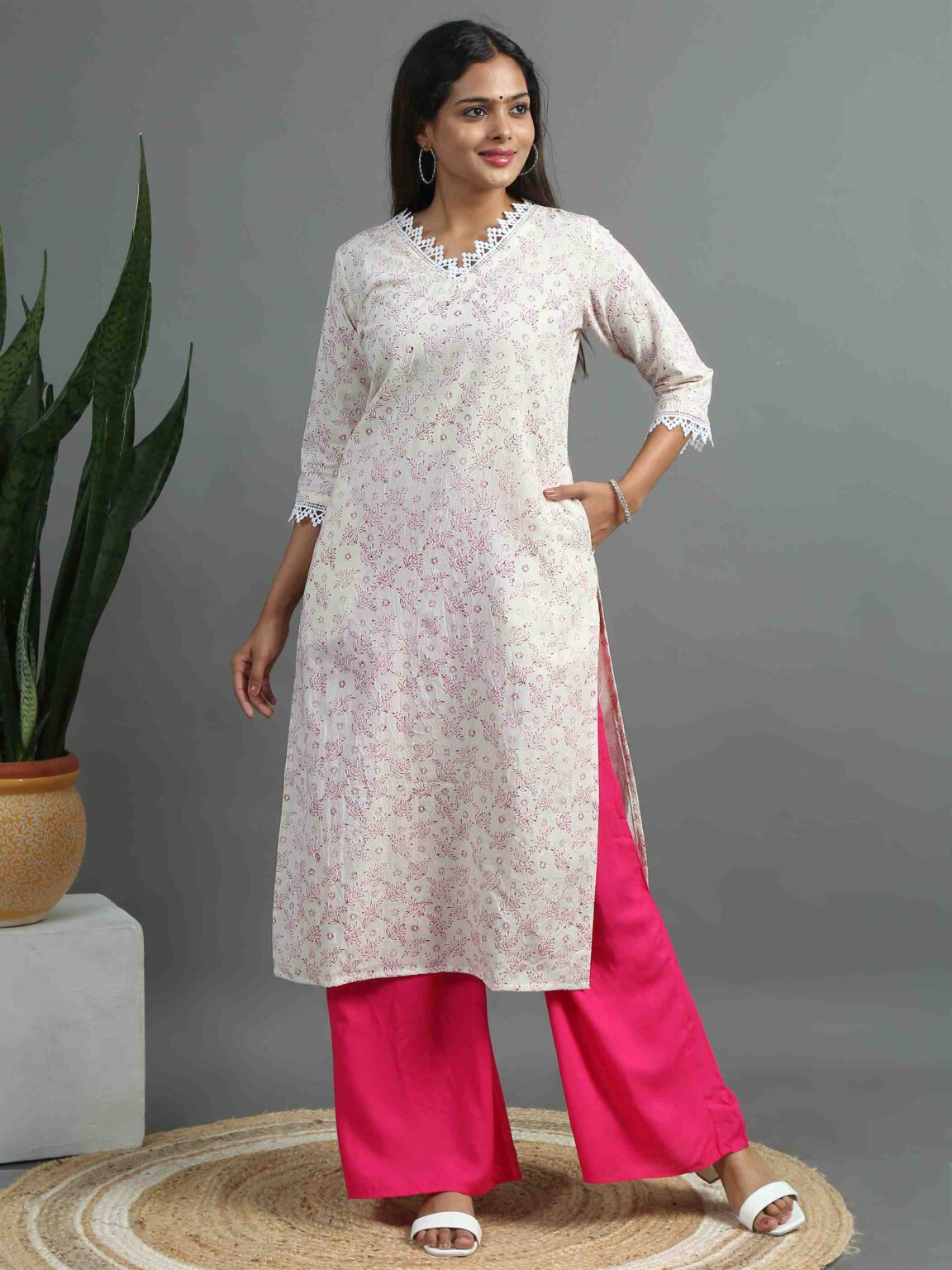 White and Magenta Printed Kurta