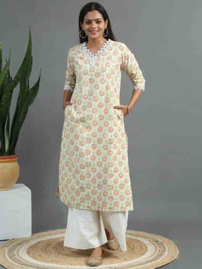 Peachy Orange and Green Floral Printed Kurta