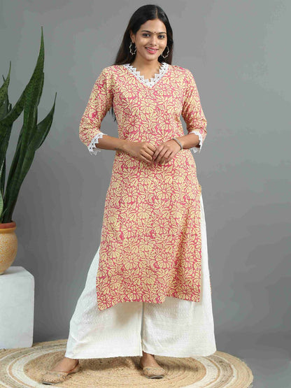 Floral Printed Kurta Yellow and Magenta Floral Printed Kurta