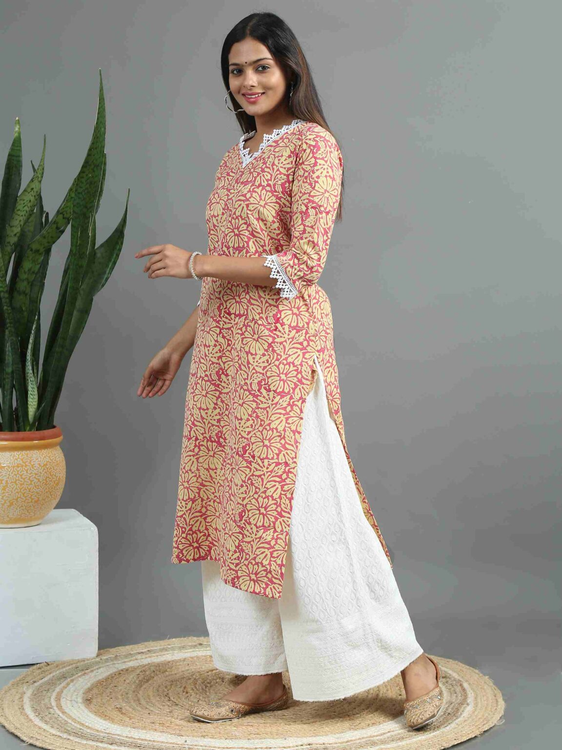 Floral Printed Kurta Yellow and Magenta Floral Printed Kurta