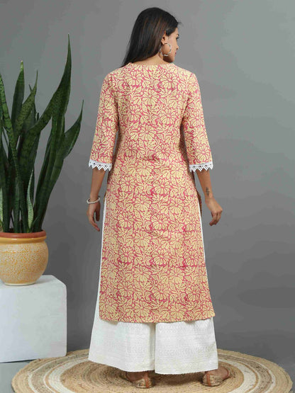 Floral Printed Kurta Yellow and Magenta Floral Printed Kurta