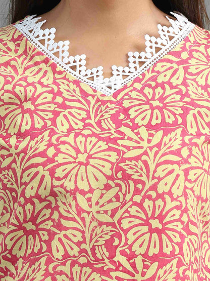 Floral Printed Kurta Yellow and Magenta Floral Printed Kurta