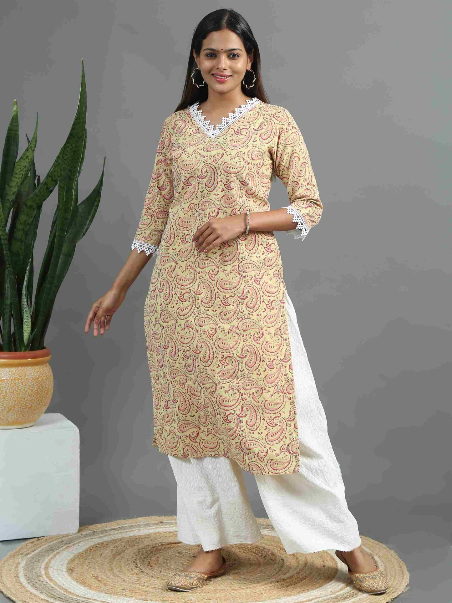 Peachy Orange and Green Floral Printed Kurta