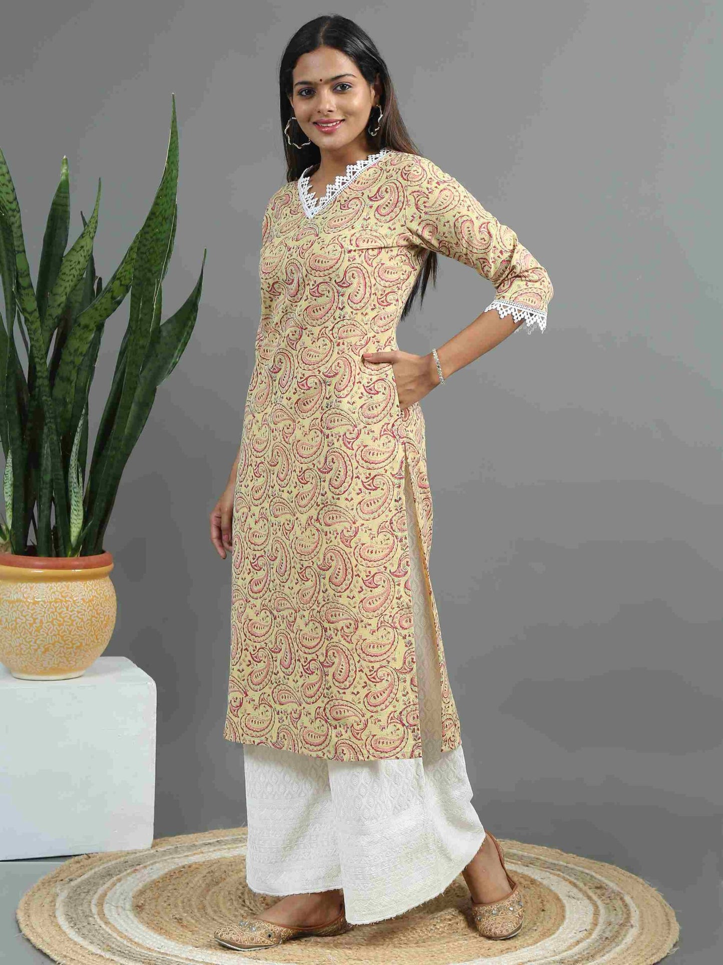 Beige Printed Floral Kurta