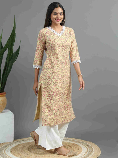 Beige Printed Floral Kurta