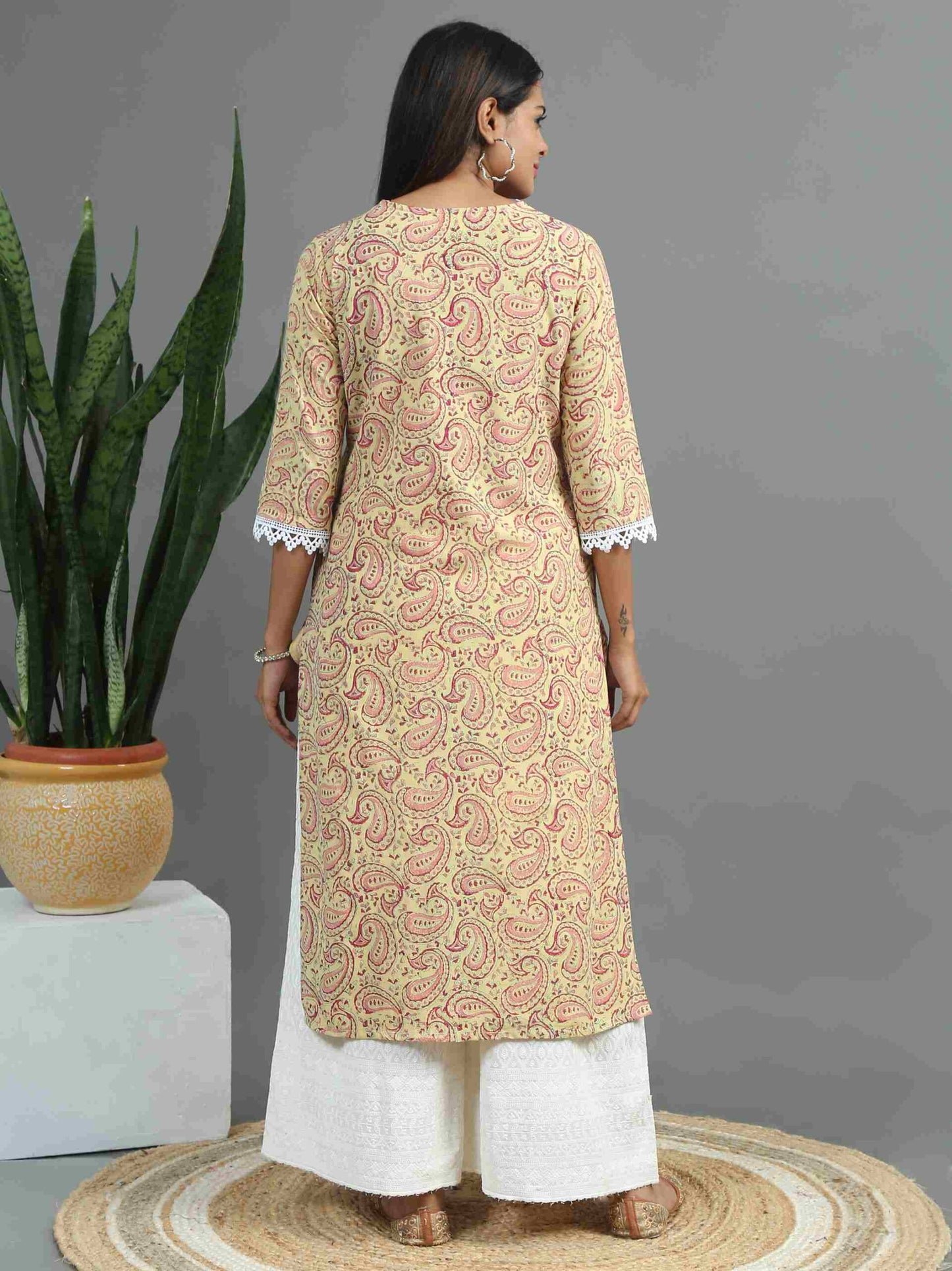 Beige Printed Floral Kurta