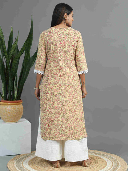 Beige Printed Floral Kurta