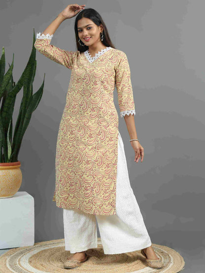 Beige Printed Floral Kurta