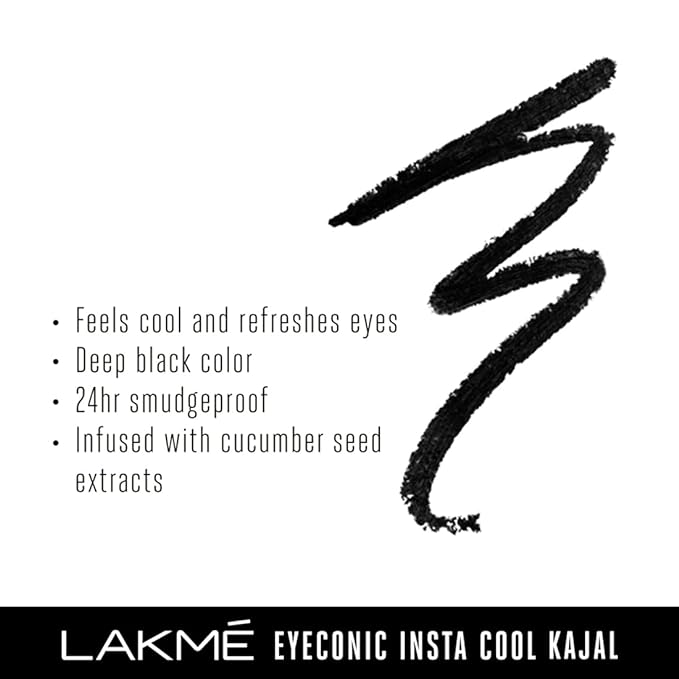 Lakmé Eyeconic Insta Cool Kajal, Black, Cooling Kohl Liner With Cucumber, Twist Up Pencil - Waterproof, Smudge Proof & Long Lasting Eye Makeup, Glossy, 0.35 G (Pack Of 2)