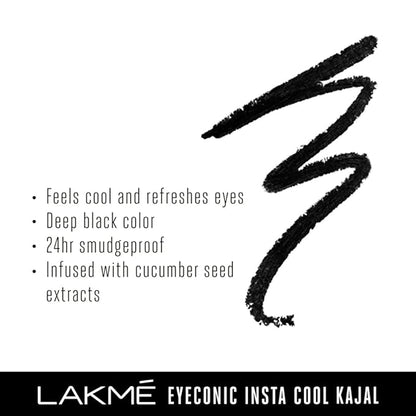 Lakmé Eyeconic Insta Cool Kajal, Black, Cooling Kohl Liner With Cucumber, Twist Up Pencil - Waterproof, Smudge Proof & Long Lasting Eye Makeup, Glossy, 0.35 G (Pack Of 2)