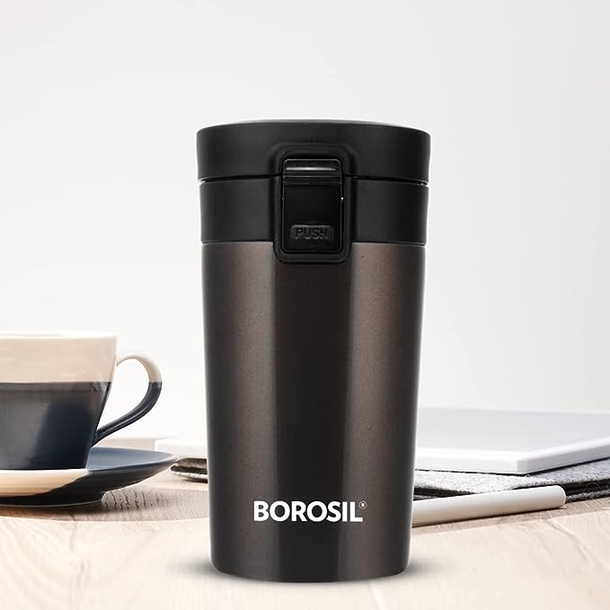 Borosil Coffeemate Insulated Mug, Vacuum Insulated Travel Coffee Mug with Lid, 8 Hours Hot and 14 Hours Cold, 300 ml, Mocha, Stainless Steel