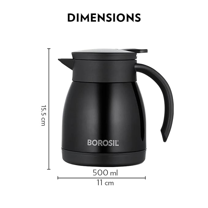 Borosil Stainless Steel Vacuum Insulated Teapot (Black, 500ML)