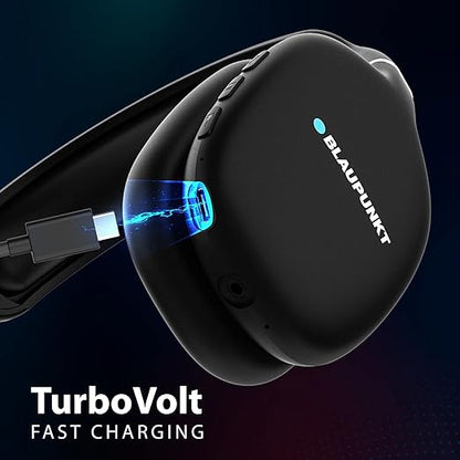 Blaupunkt BH31 Bluetooth Wireless Over Ear Headphones I 40MM Drivers I HD Sound I Soft PU Headband I Media & Volume Control with Built in Mic I TurboVolt Fast Charging I AUX Port (Black