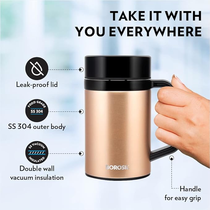 Borosil Easygo Insulated Mug,Double Vacuum Insulated Travel Coffee Mug with Lid, 5 Hours Hot & Cold, 410 ml (Stainless Steel)