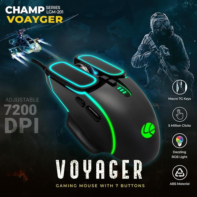 LAPCARE Champ VOYAGER 7200 DPI Optical Sensor Gaming Mouse with Dazzling RGB Light | Marco 7G Keys | 5m Clicks | ABS Material | Rubber Oil + Laser Carving (LGM 201)