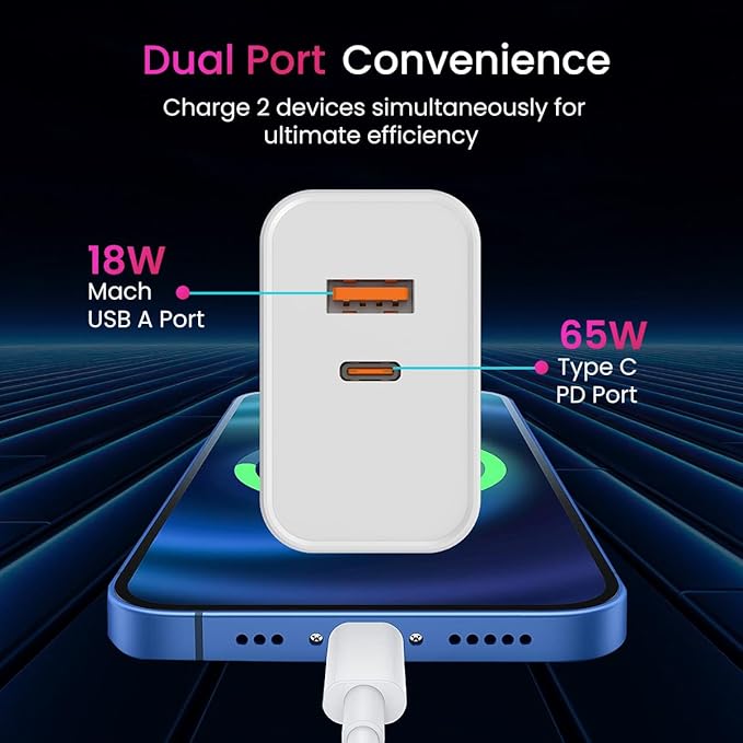 Portronics Adapto 65 Pro 65 W SuperVooc/Dash/Warp Adaptor, Dual Ports Outputs GaN Fast Wall Charger (White)