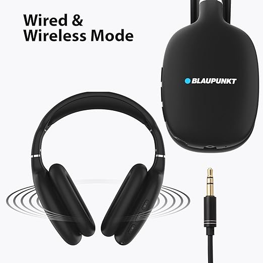 Blaupunkt BH31 Bluetooth Wireless Over Ear Headphones I 40MM Drivers I HD Sound I Soft PU Headband I Media & Volume Control with Built in Mic I TurboVolt Fast Charging I AUX Port (Black