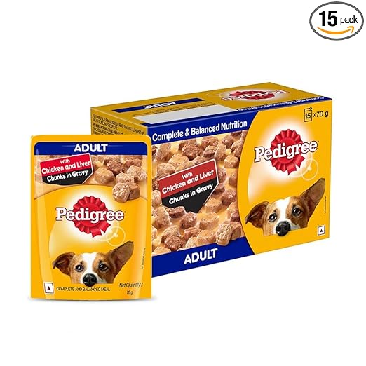 Pedigree Adult Wet Dog Food, Chicken & Liver Chunks in Gravy, 70 g (Pack of 15), Complete & Balanced Meal for Adult Dogs