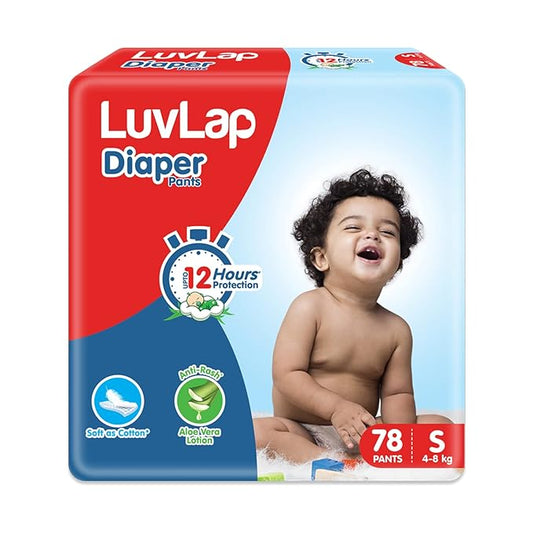 LuvLap Pant Style Baby Diapers, Small (S), 78 Count, For babies of Upto 4-8Kg with Aloe Vera Lotion for rash protection, with upto 12hr protection, Diapers