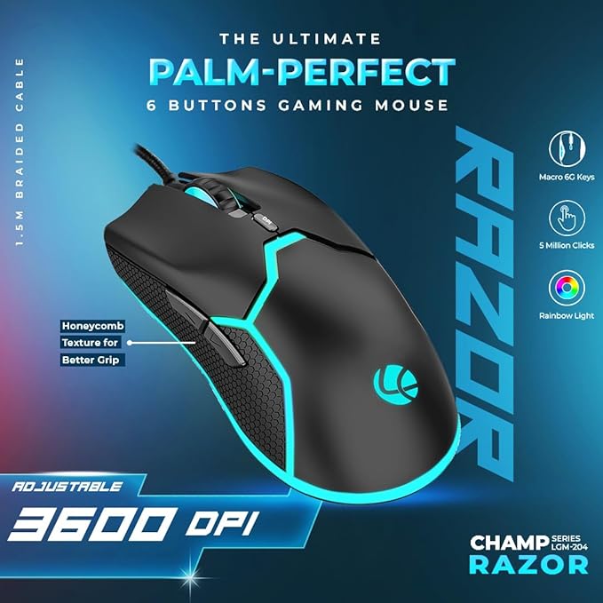 LAPCARE Champ Razor 3600 DPI Optical Sensor Gaming Mouse with Rainbow Light | Marco 6G Keys | 5m Clicks | ABS Material | Optical Sensor| Rubber Oil + Laser Carving (LGM 204)