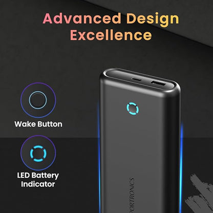 Portronics PowerPod 20K Advanced 20000 mAh Power Bank with 22.5W Max Output, Fast Charging Power Bank with 22.5W Mach USB-A & 20W Type C PD Output,Type C Input (Black)