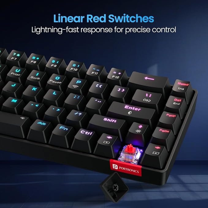 Portronics Hydra 10 Wireless Mechanical Gaming Keyboard with Bluetooth & 2.4 GHz Wireless, Red Switches, Multi-Device Pairing, TKL Compact Size, Multi-Colour Backlight, for Laptop & PC (Black)