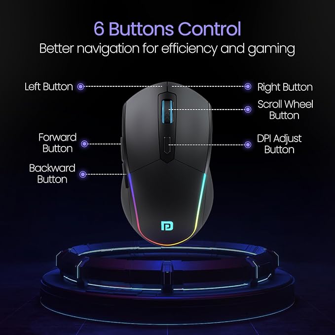 Portronics Toad One Bluetooth Mouse with 2.4 GHz & BT 5.3 Dual Wireless, 6 Buttons, Rechargeable, RGB Lights, Connect 3 Devices, Ergonomic Design for Laptop, Smartphone, Tablet (Black)