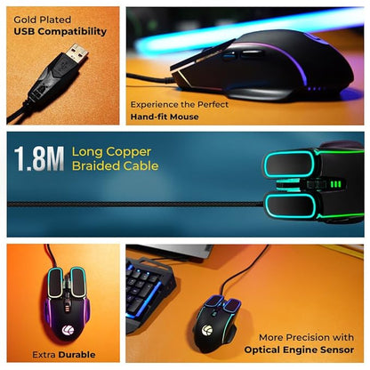 LAPCARE Champ VOYAGER 7200 DPI Optical Sensor Gaming Mouse with Dazzling RGB Light | Marco 7G Keys | 5m Clicks | ABS Material | Rubber Oil + Laser Carving (LGM 201)