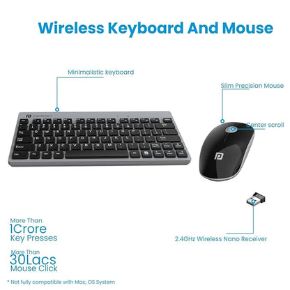 Portronics Key2 Combo Wireless Keyboard and Mouse Set, with 2.4 GHz USB Receiver, Silent Keystrokes, 1200 DPI Optical Tracking, Compact Design, Multimedia Keys for PC, Laptop & USB Supported Devices (Grey)