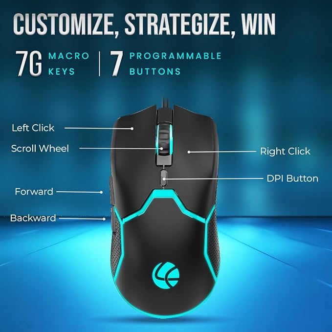 LAPCARE Champ Razor 3600 DPI Optical Sensor Gaming Mouse with Rainbow Light | Marco 6G Keys | 5m Clicks | ABS Material | Optical Sensor| Rubber Oil + Laser Carving (LGM 204)