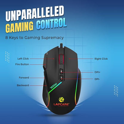 LAPCARE Champ LGM-108 Gaming Mouse, 8 Buttons, 6 Customizable DPI Levels upto 7200 DPI, 7 Circular & Breathing LED Light, Wired Mouse (Black)