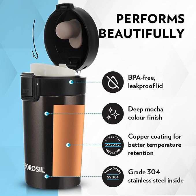 Borosil Coffeemate Insulated Mug, Vacuum Insulated Travel Coffee Mug with Lid, 8 Hours Hot and 14 Hours Cold, 300 ml, Mocha, Stainless Steel