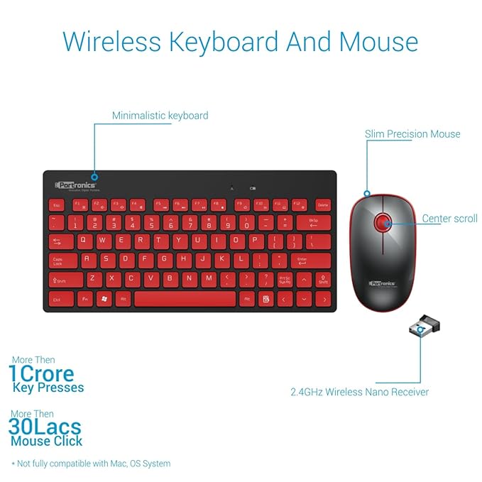 Portronics Key2 Combo Wireless Keyboard and Mouse Set, with 2.4 GHz USB Receiver, Silent Keystrokes, 1200 DPI Optical Tracking, Compact Design, Multimedia Keys for PC, Laptop & USB Supported Devices (Black and Red)