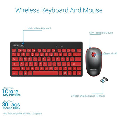 Portronics Key2 Combo Wireless Keyboard and Mouse Set, with 2.4 GHz USB Receiver, Silent Keystrokes, 1200 DPI Optical Tracking, Compact Design, Multimedia Keys for PC, Laptop & USB Supported Devices (Black and Red)