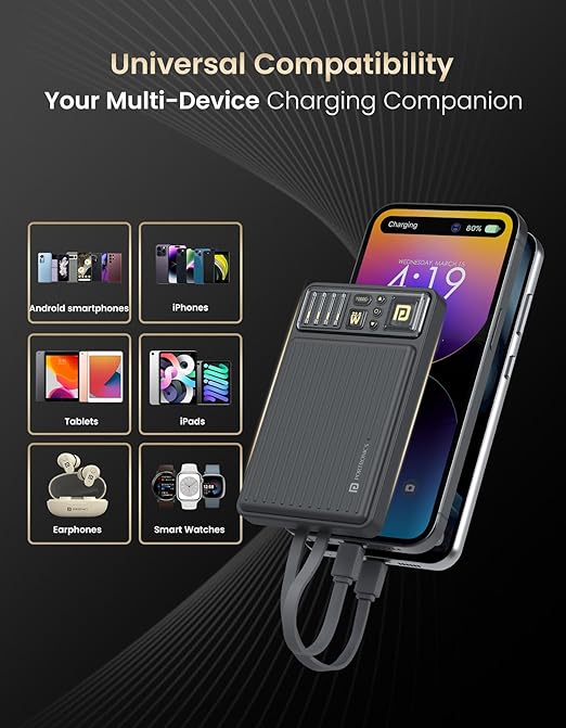 Portronics Luxcell Bind Mini 10k 10000mAh Powerbank with 22.5W Fast Charging, in-Built Type C PD(Input & Output) /8 Pin Cable, LED Indicator, USB-A Mach Output, Compatible with Smartphones,Tablets