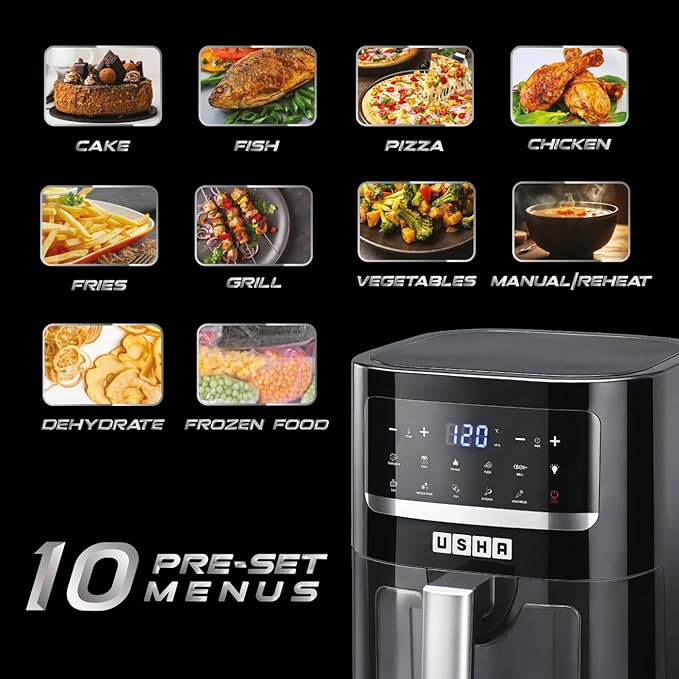 Usha iChef Smart Air Fryer 4.5L,10 in 1 Functions 10 Preset Menu Digital Display & Touch Panel Transparent Window Illuminated Chamber|