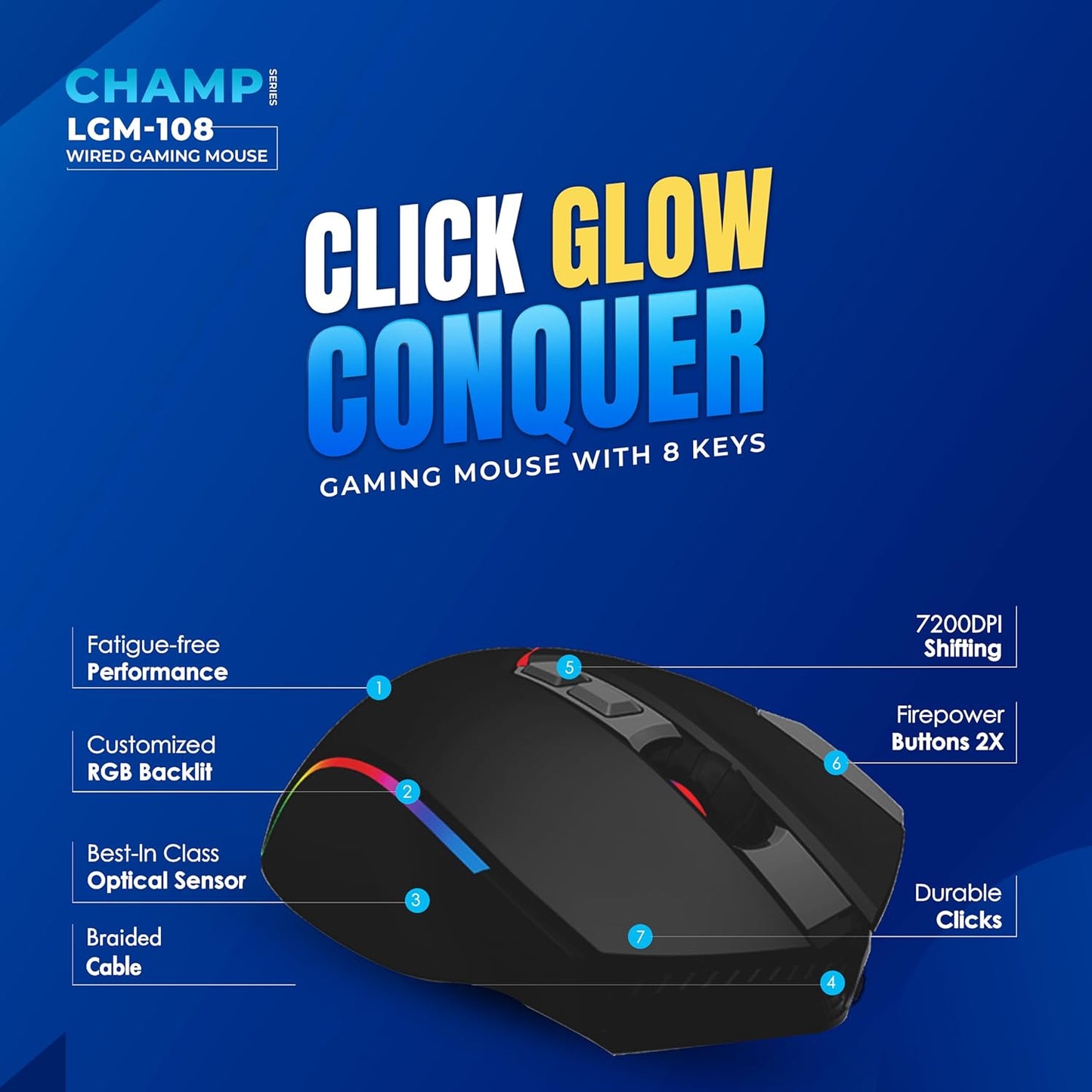 LAPCARE Champ LGM-108 Gaming Mouse, 8 Buttons, 6 Customizable DPI Levels upto 7200 DPI, 7 Circular & Breathing LED Light, Wired Mouse (Black)