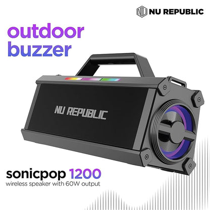 NU Republic Sonicpop 1200 with 60W Stereo Party Speaker with Vibrant LEDs, Multi Equaliser Modes, Multi Compatibility Modes, 18 Hrs Playtime, Bluetooth TWS Feature, Powerful 3x Dynamic Drivers (Black)