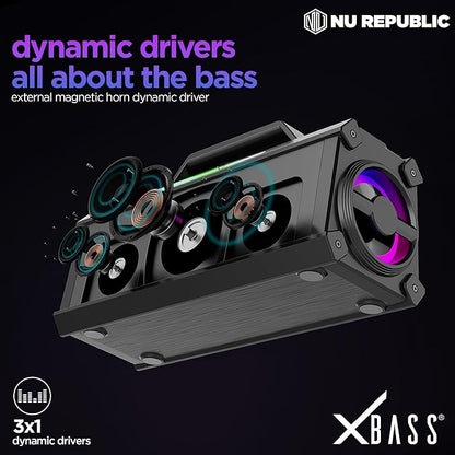 NU Republic Sonicpop 1200 with 60W Stereo Party Speaker with Vibrant LEDs, Multi Equaliser Modes, Multi Compatibility Modes, 18 Hrs Playtime, Bluetooth TWS Feature, Powerful 3x Dynamic Drivers (Black)