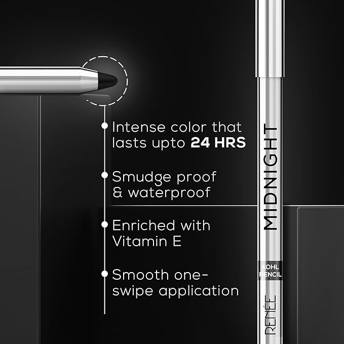 RENEE Midnight Kohl Pencil - Smudgeproof and Waterproof Kajal - 24 Hrs Long Stay - Darkest Black - One Swipe Application - Rich Color Payoff - Vitamin E, Olive Oil and Castor Oil - 1.5 Gm