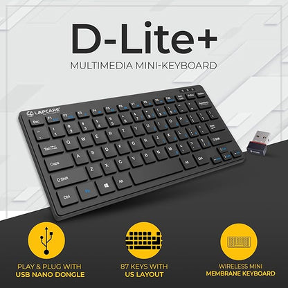 LAPCARE D-Lite Plus Wireless Keyboard with 2.4 Ghz & 10 M Bt Range &78 Keys, 8 Million Key Life, Minimalist Design,Compatible Window98, Me, 2000, Xp, Windows Vista/7/8/10,Linux (D-Lite + Blk), Black