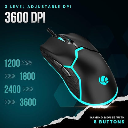 LAPCARE Champ Razor 3600 DPI Optical Sensor Gaming Mouse with Rainbow Light | Marco 6G Keys | 5m Clicks | ABS Material | Optical Sensor| Rubber Oil + Laser Carving (LGM 204)