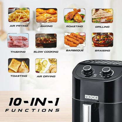 Usha iChef Air Fryer 4.5L, Analog, 10 in 1 Functions:   Air frying, Baking, Roasting, Grilling, Thawing, Slow cooking, Barbeque, Braising, Toasting and Air drying |Turbo Air Circulation|Oil Free Cooking (Black)