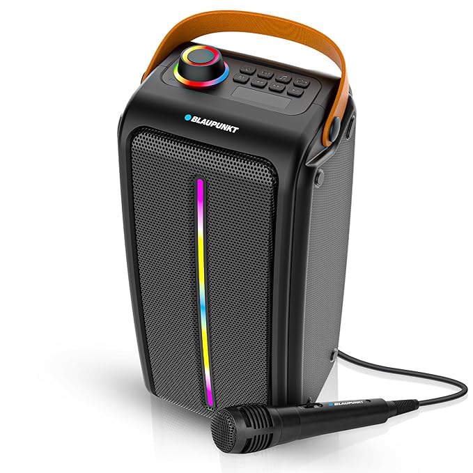 Blaupunkt Atomik PS30 Pro Wireless Bluetooth 30W Outdoor Party Speaker I Dual Passive RadiatorI 3000mAh Battery I Dynamic RGB Lights I Karaoke with Wired Mic I EQ Button I Flexible Carrying Strap